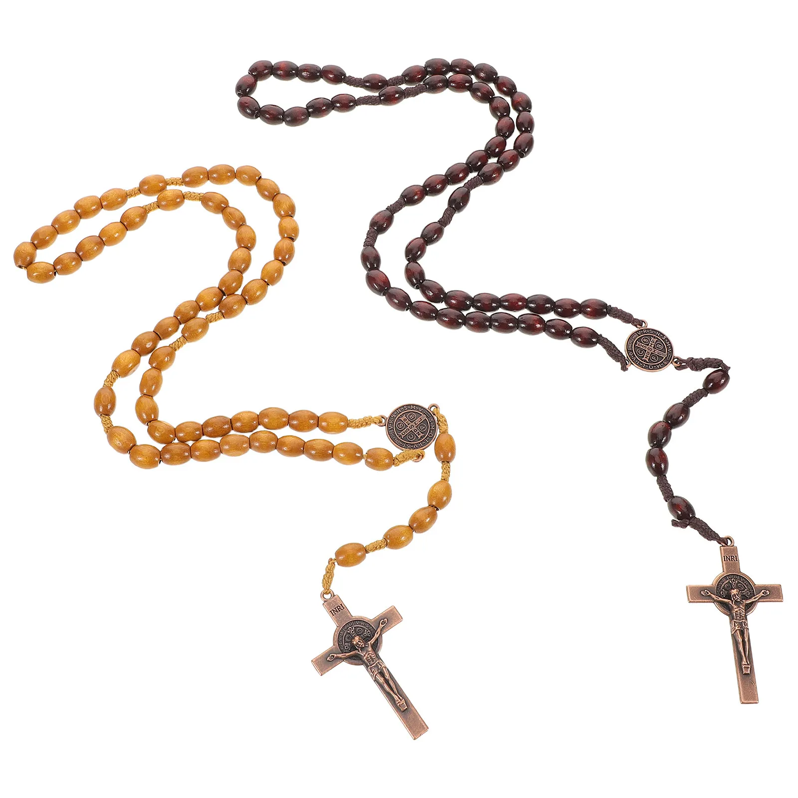 

2Pcs Wooden Rosary Beads Necklace Natural Wood Prayer Beads with Distinctive Cross Pendant for Daily Worship Travel Catholic