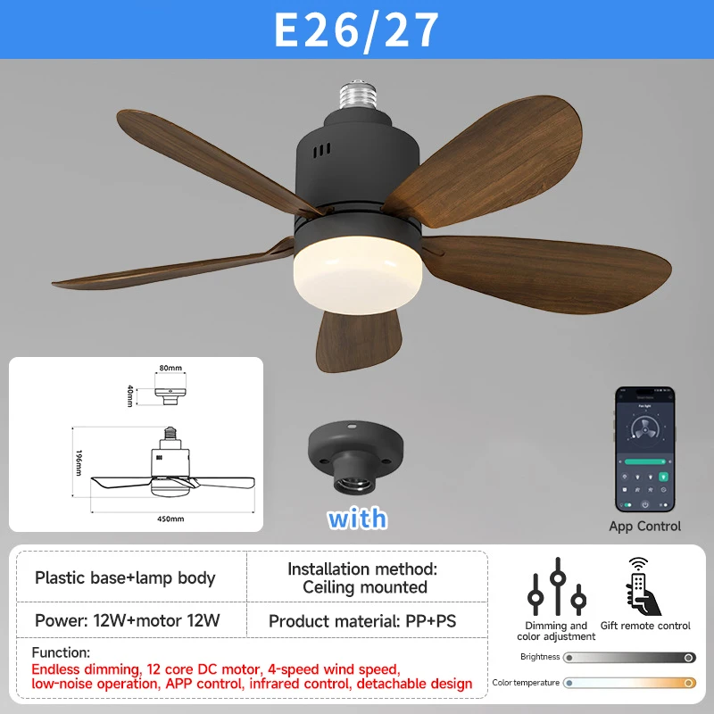 E27/E26 لمبة مروحة منزلية، قابلة للفصل، تطبيق جوال، جهاز تحكم عن بعد لغرفة المعيشة وغرفة النوم ضوء مروحة السقف #4