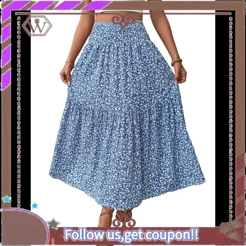 

A95D-Women's High Elastic Waist Midi Skirt Casual Summer Trendy Flowy Ruffle Floral Print A Line Skirts