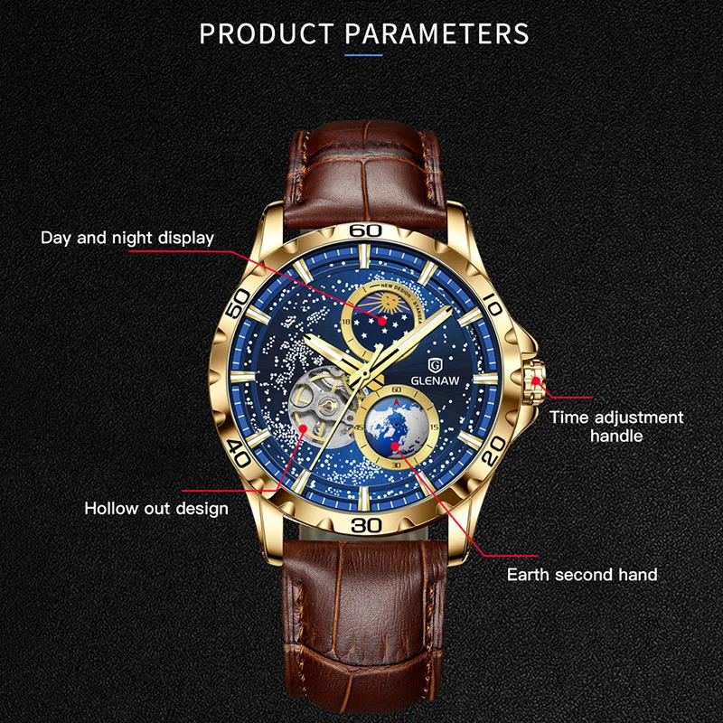 GLENAW New Men\'s Automatic Watches Skeleton Starry Sky Moon Phase Luminous Waterproof Stainless Steel Mechanical Watch for Men