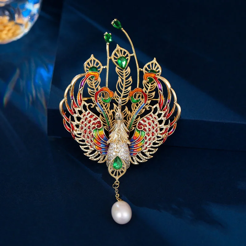 New Chinese style colorful zircon phoenix brooch, freshwater pearls, mascot gradient chest flower clothing high-end accessories