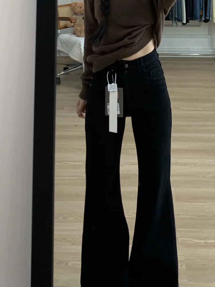 

Black Fleece Lined Wide Leg Denim Jeans Women's Spring plus Size Elastic Slimming Pear Shaped High Waist Bell Bottom Pants