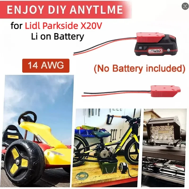 Conector adaptador de ruedas eléctricas de batería DIY para batería de litio Lidl Parkside X20V con interruptor 14 AWG para actualización de ruedas