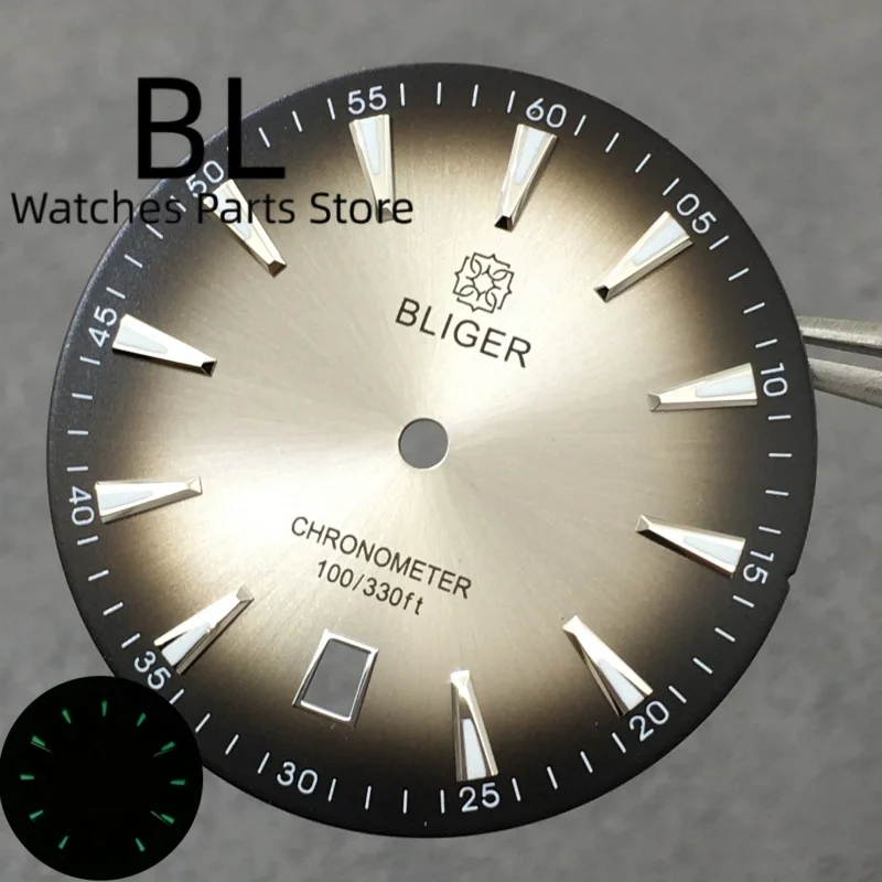 BLIGER 33.2 مللي متر ساعة الطلب 6o'clockSunburst التدرج الأسود المحيط الأزرق الأحمر الهاتفي مضيئة مناسبة ل NH35 ساعة يد تعمل بالحركة ملحق