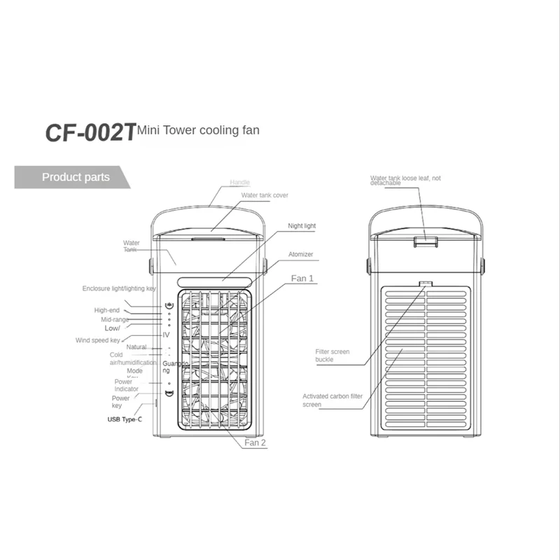 Portable Air Conditioner Fan 3 in 1 Desk Air Cooler and Humidifier with 3 Fan Speeds and 7 Colors LED Light for Bedroom