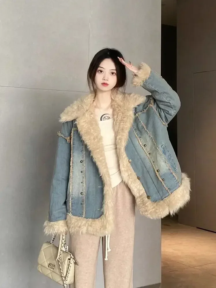 Korean Fashion Autumn New Women Denim Coats Fur Splicing Turn Down Collar Long Sleeve Single Breasted Loose Jackets Clothing