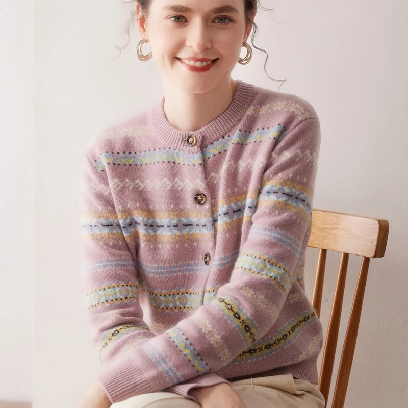 Women's 100%Goat Cashmere Cardigan Thicken O-Neck Jacquard Coat Winter Fashion Loose Sweater Color-Matching Cashmere Knit Jacket