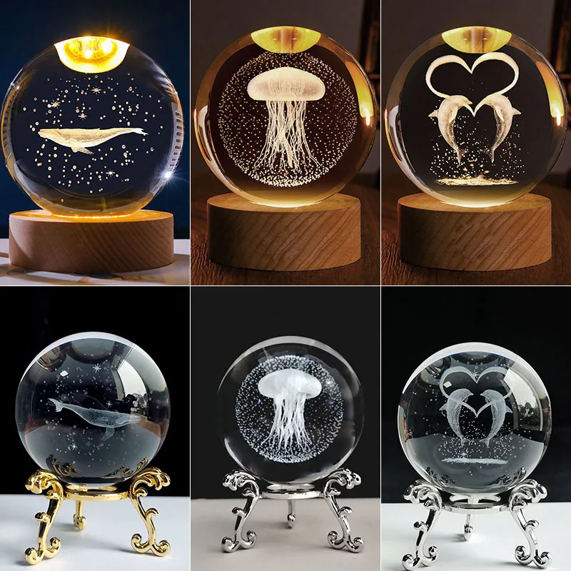 Crystal Ball Ornament Glass 3D Laser Engraved Sphere Base Figurine Jellyfish Whale Dolphin Child Gift Home Decor Paperweight