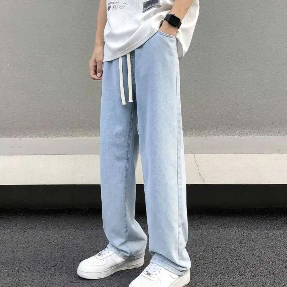 ハイストリート エラスティックウエスト メンズ カジュアルジーンズ ルーズフィット ワイドレッグ デニムパンツ ベーシックデザイン ストレートレッグ バギーパンツ デイリーユース