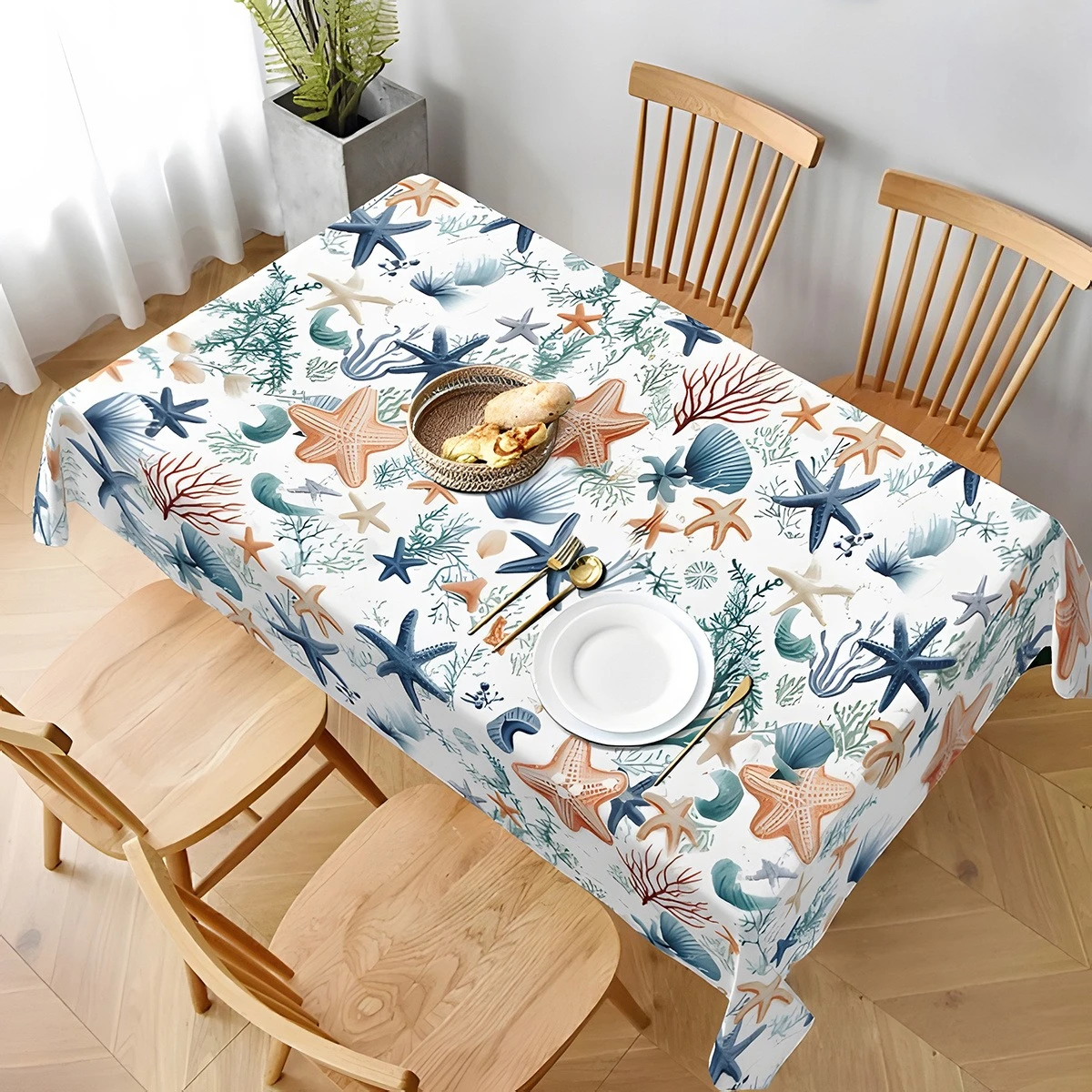 Summer Beach Theme Tablecloth Holiday Party Decor Ocean Nautical Starfish Coral Rectangle Table Cloth Kitchen Dining Table Decor
