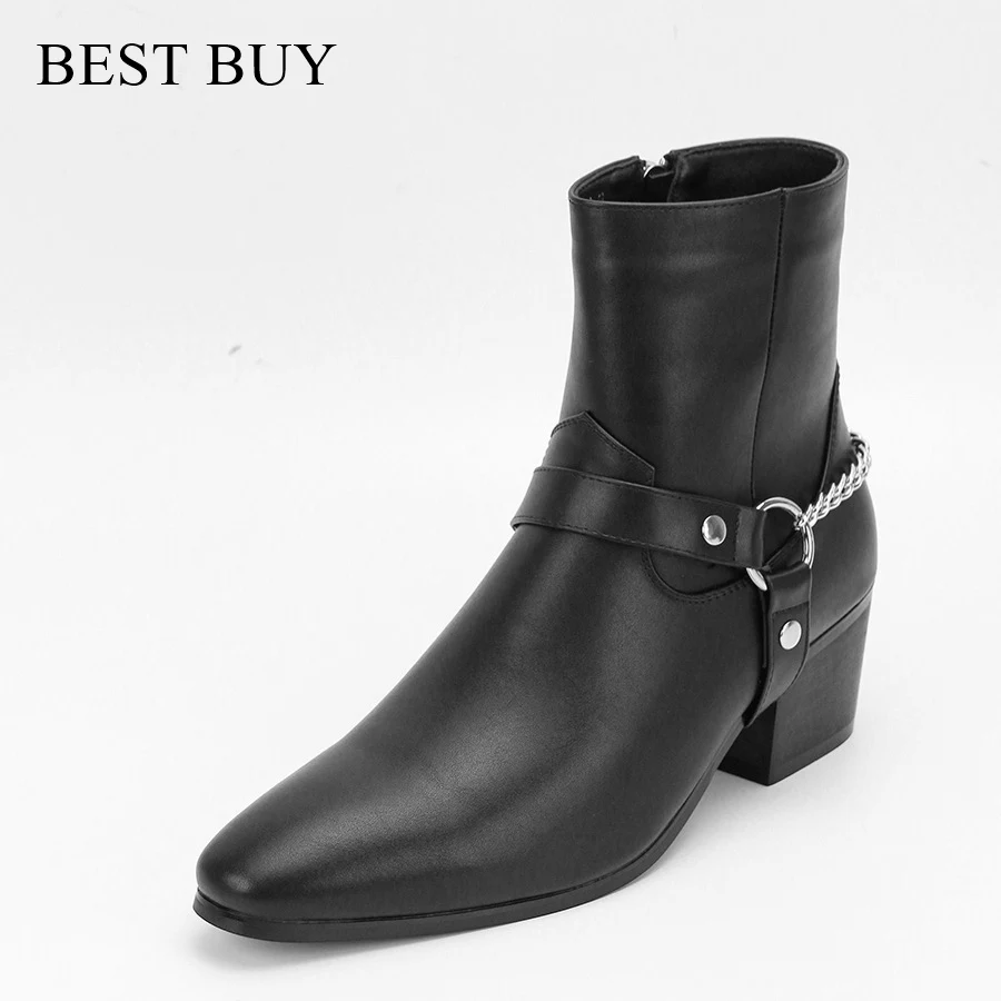 

New Beige /Black Leather Shoes Chains Buckle Men Boots Stacked Heel Anke Boots Side Zip Men Fashion Shoes motorcycle boots