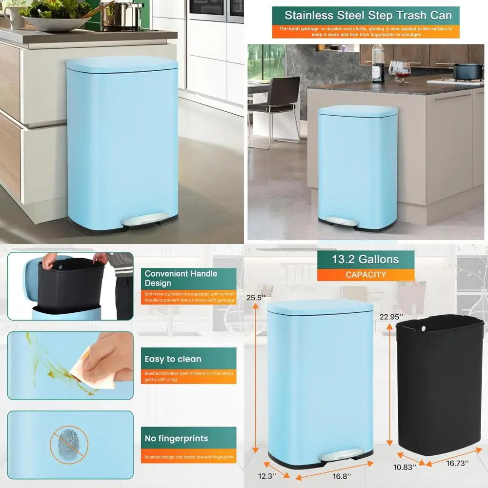 

Heavy-Duty 50L Stainless Steel Kitchen Trash Can with Odor-Proof Removable Inner Bucket and Quiet Lid