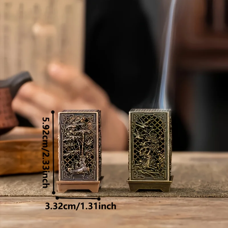 2-Piece Traditional Chinese Incense Holder Set - Hollow-Out Design with Plum Blossoms, Orchids, and Chrysanthemums, Zinc Alloy Zen Meditation Altar Decoration, Suitable for Yoga, Home Buddhist Altar, Fragrance-Free