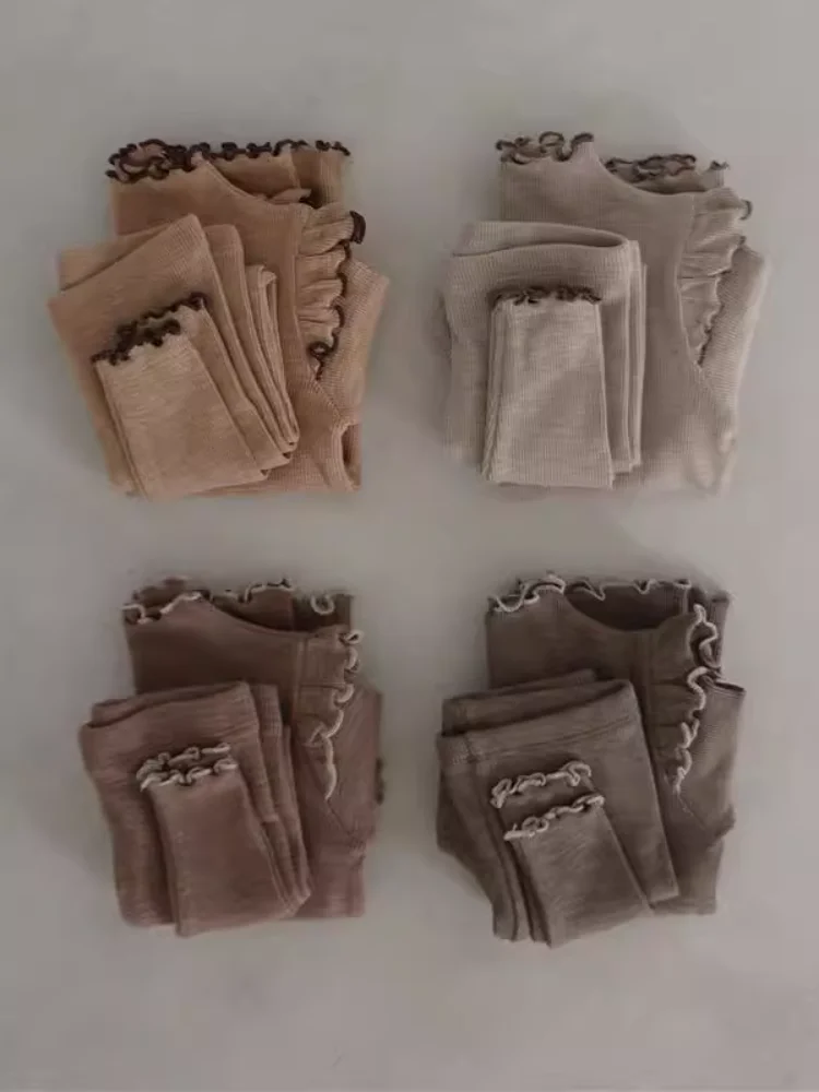 

Комплект домашней одежды из мягкого чистого хлопка Long Sve для девочек с кружевной отделкой и длинными штанами, удобная повседневная спортивная одежда, ансамбль