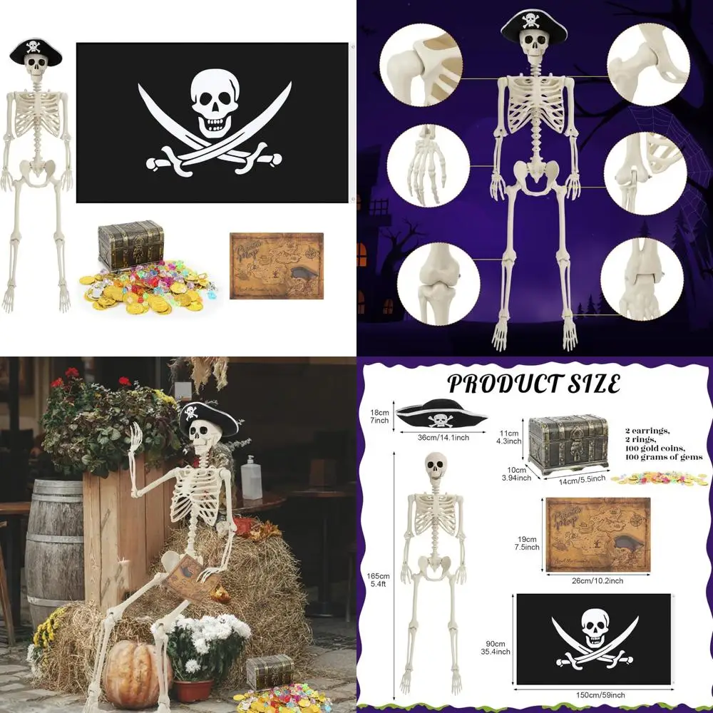 

Halloween Life Size Skeleton Pirate Treasure Chest Toy Set, 5.4FT Skeleton, Pirate Treasure Chest, Hat, Gold Coins Gems, Map, Go