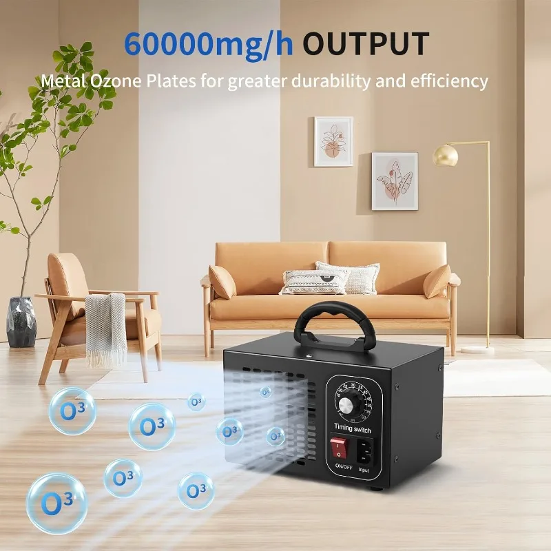 Generatore di ozono 220V 60g Dispositivo per ozono O3 da 60000 Mg/h, purificatore d'aria per ozono con timer, presa europea per purificazione dell'aria domestica