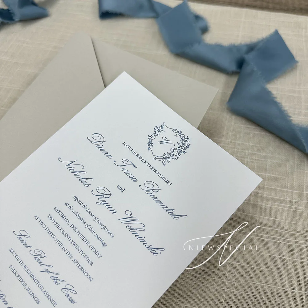 Chic Blue Letterpress Wedding Invitation Cards, Cotton Wedding Invitations with Beautifully Patterned Envelope Lining