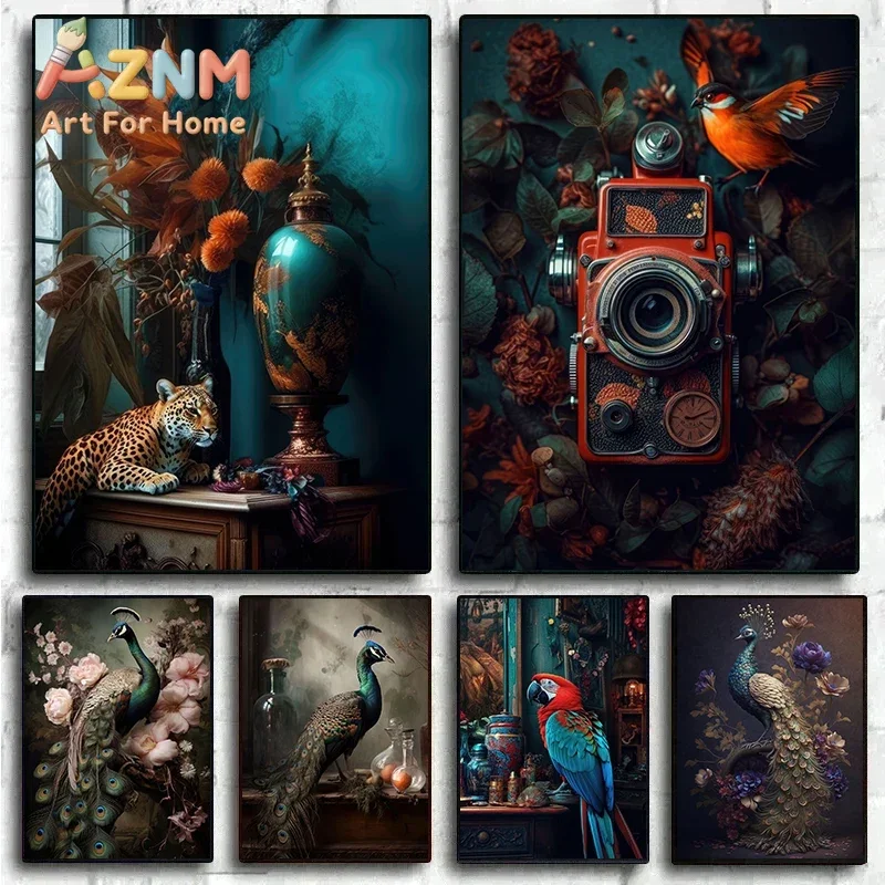 Vintage Still Life Tiger Parrot Peacock Flowers Canvas Painting Wall Decor Nordic Art Poster and Prints Picture Home Room Decor