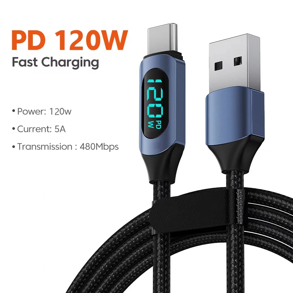 120 W Typ C auf Typ C Kabel PD Schnellladekabel USB auf TypeC Kabel mit LED-Digitalanzeige für MacBook iPad Datenkabel