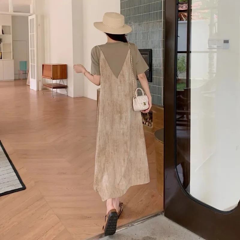 女性用フレンチスマッジドサスペンダードレス フェイクツーピース 年齢を軽減するミッドレングスTシャツ