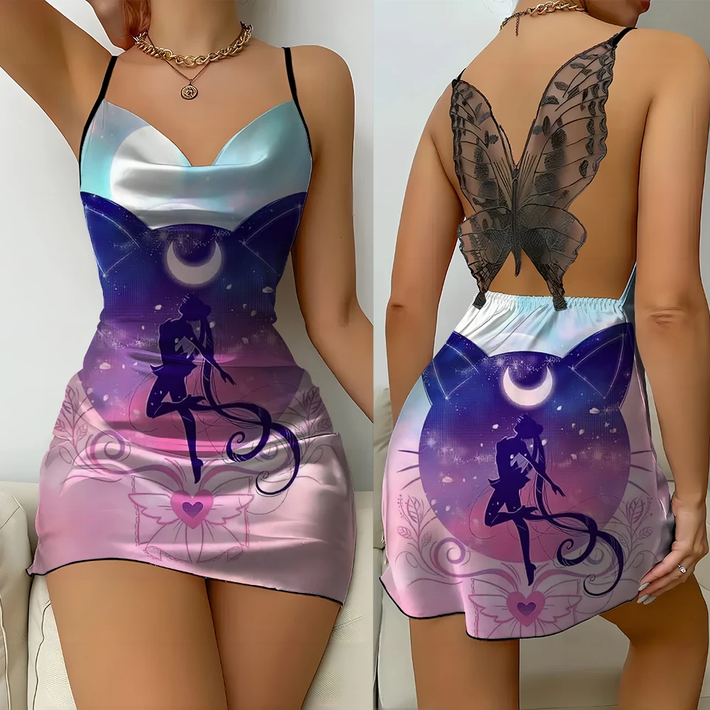 Sailor Moon simpatico cartone animato anime modello stampato farfalla pizzo sexy backless piccolo abito casa per il tempo libero comoda camicia da