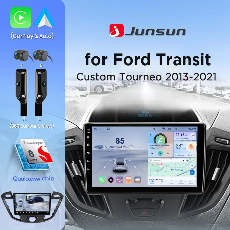 Autoradio Junsun pour Ford Transit Custom Tourneo 2013-2021 360 °   Système intelligent de voiture 8 cœurs avec caméra panoramique, CarPlay sans fil, Android Auto, autoradio, GPS, navigation RDS, navigation SWC, 4G-LTE, WiFi, Bluetooth, FM