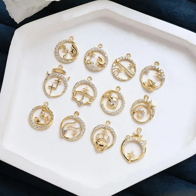 

10pcs/ Bag Twelve Constellations Copper Gold-Plated Pendant Zircon Pearl Necklace Earrings Hanging Accessories Handmade Charms