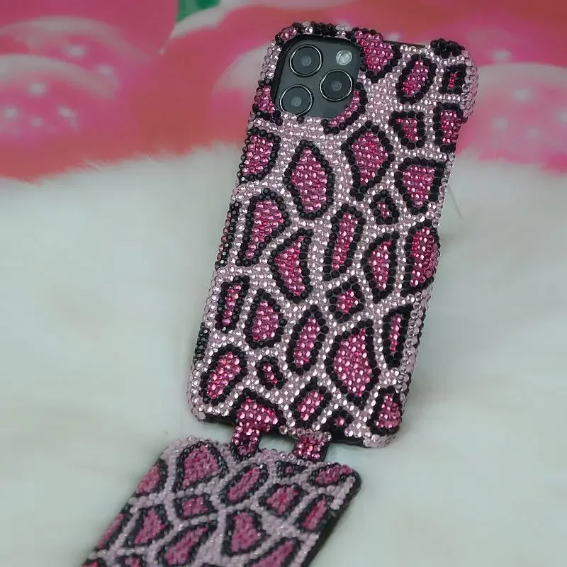 

Diamond Inlaid Rose Red Leopard Print Flip Phone Protective Case for iPhone 15 Pro Max 14 Pro 13 12 11 Xsmax Xr Anti Drop Shell