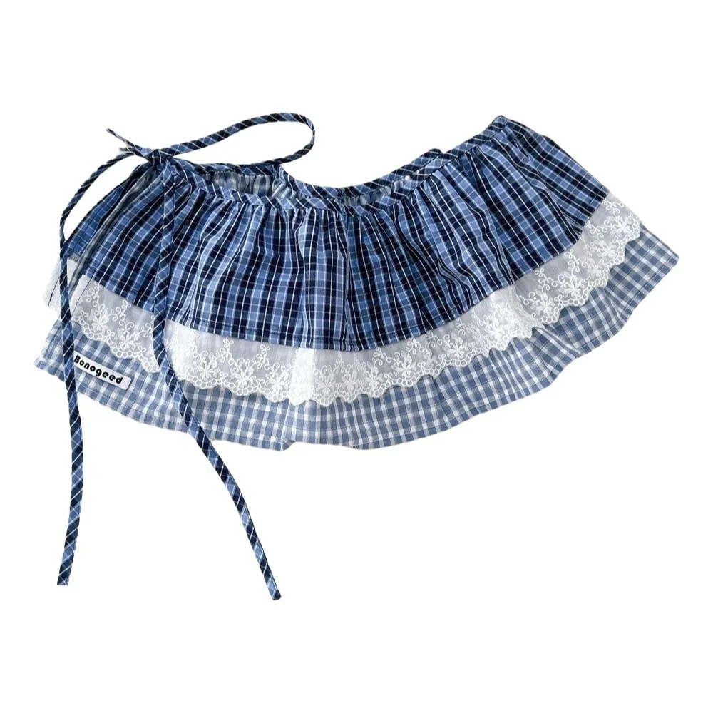 saia-mini-de-renda-estilo-coreano-com-amarracao-cintura-alta-estampa-xadrez-estilo-balletcore-y2k-com-babados-moda-streetwear