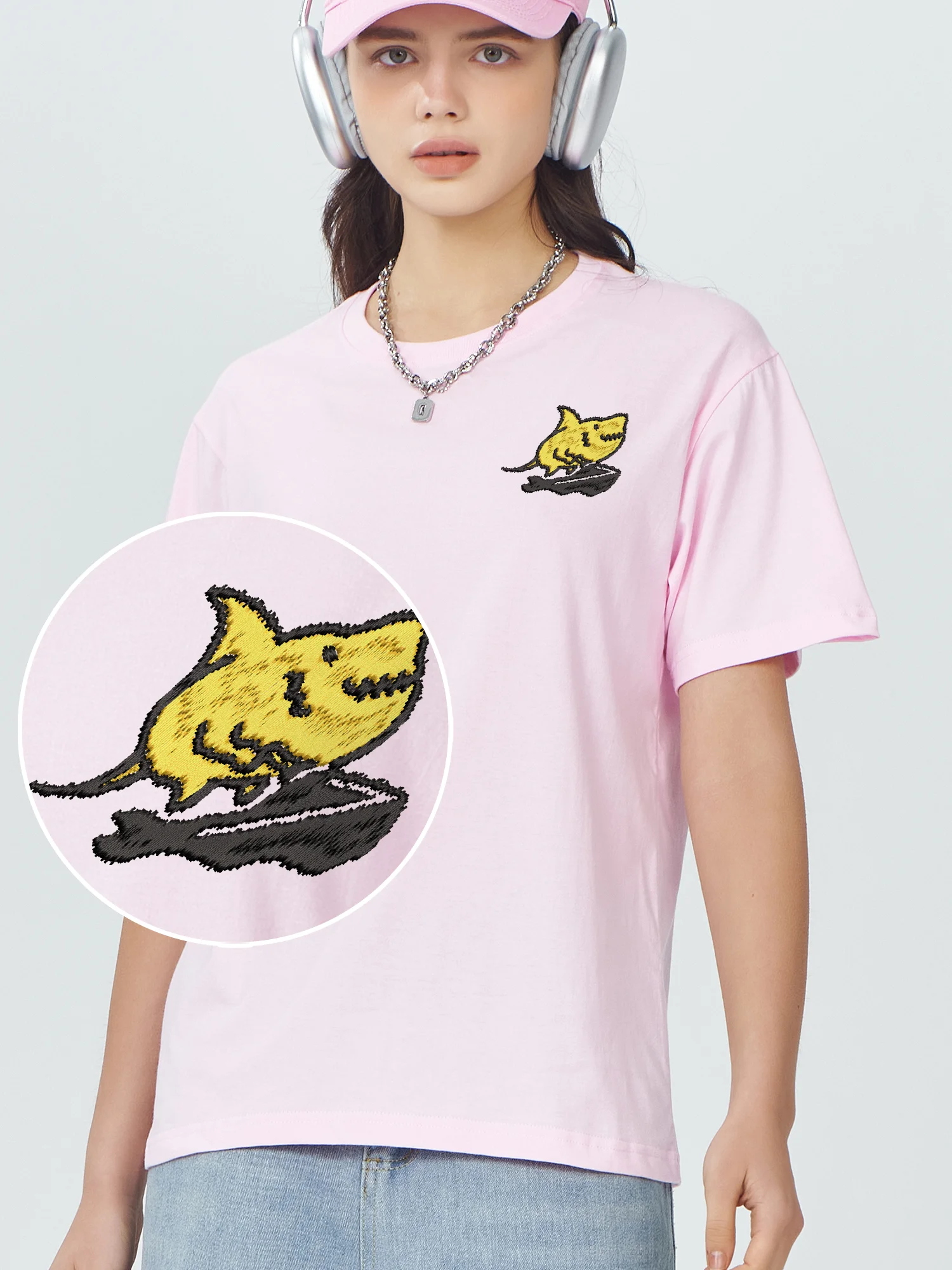 Drive Motorboat Fish Embroidered Tee Shirt Oversized Camiseta Cotton Comfort Embroidery Short Sleeve Unisex Trendy Clothes