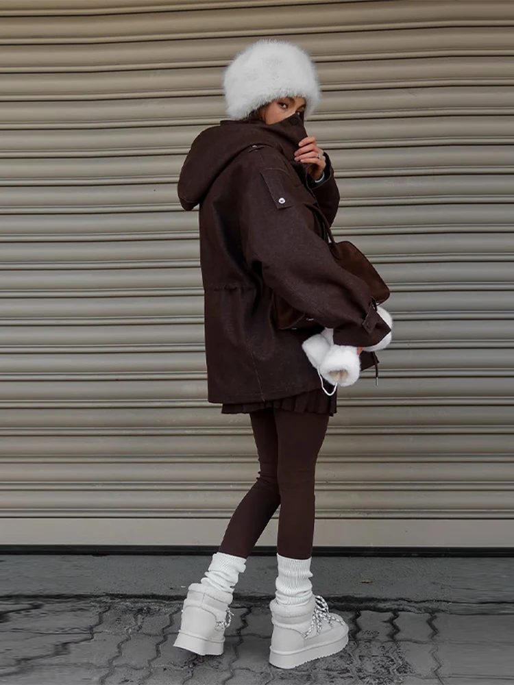 Kapuzenjacke mit Mehreren Taschen und Kordelzug für Damen, Streetwear-Stil mit Stehkragen, Epauletten, Langen Ärmeln, Locker Geschnittene Mäntel, Schicke Damen-Oberbekleidung – Detail 13