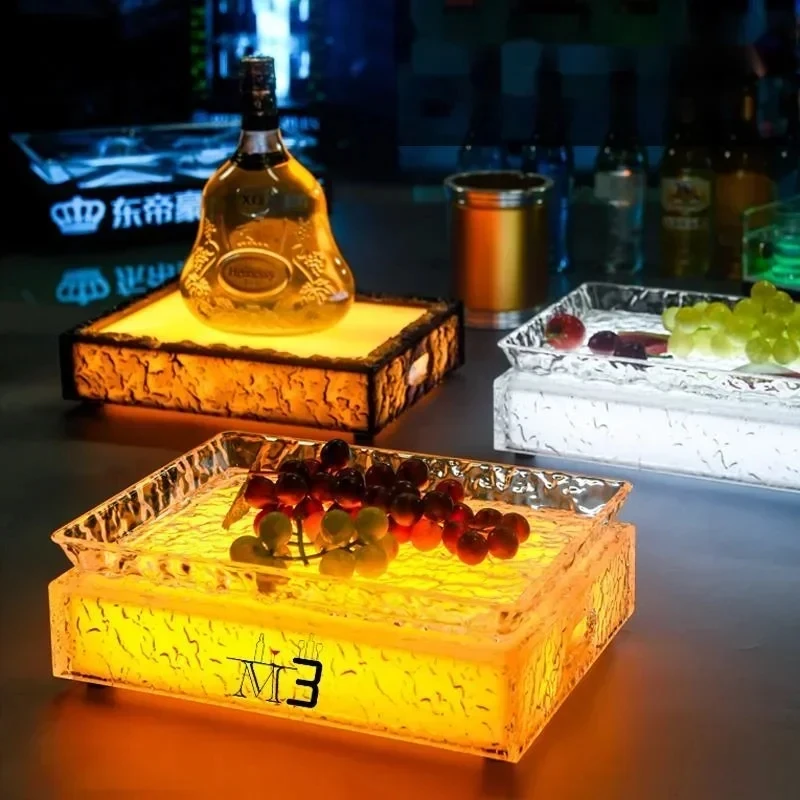 

Acrylic Ice Rock Fruit Tray Plate KTV Glow Stand LED Snacks Four Six Dried Fruit Plate Table Service for Party Home Bar Decor