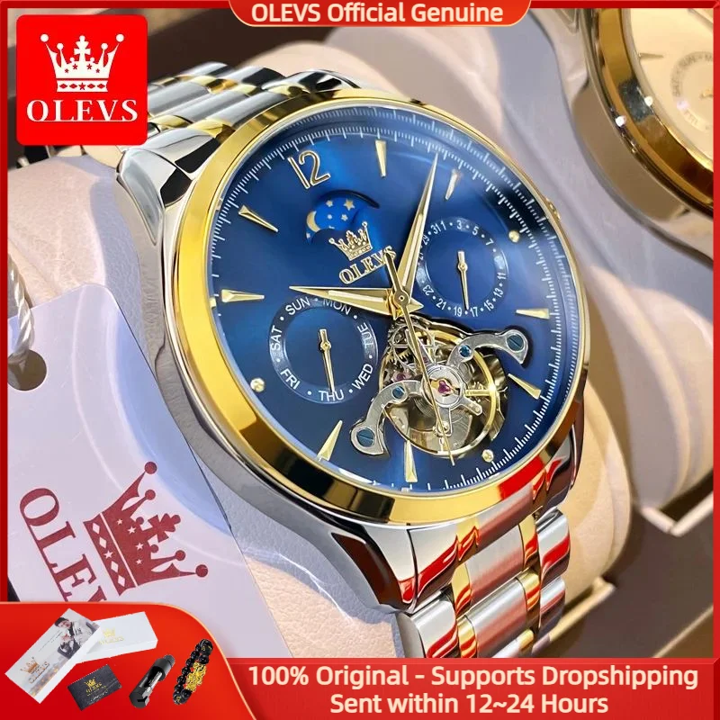 

OLEVS 6663 Мужские полностью автоматические механические часы с маховиком, календарь недели, фаза Луны, водонепроницаемые часы, брендовые темпераментные мужские часы