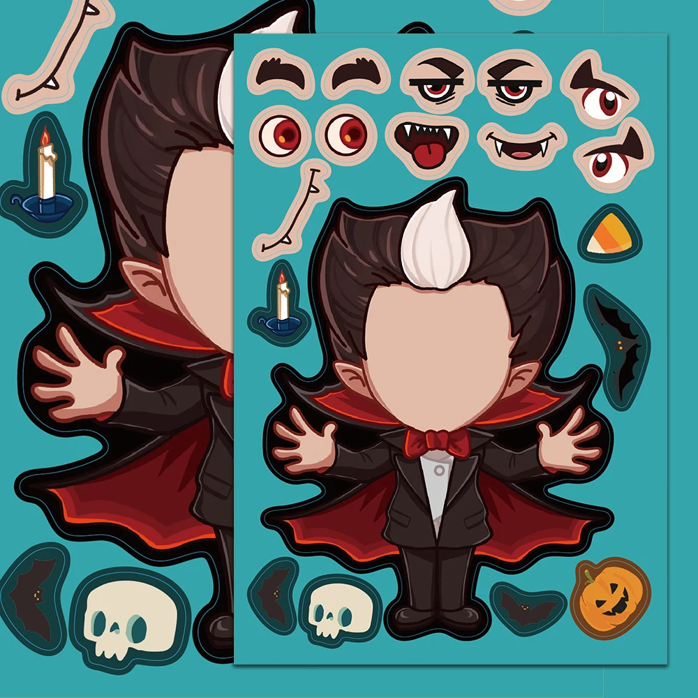 8/16 Blatt Halloween-Kürbis-Geist-Puzzle-Aufkleber zum Basteln für Kinder, zum Basteln eines Gesichts, Hexen-Montagepuzzle-Aufkleber, Partybevorzugung, DIY-Spielzeug