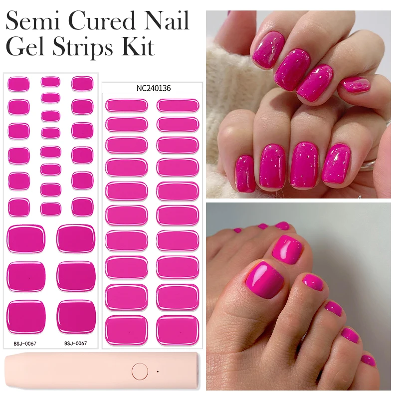 3Pcs/Set Toenail Semi Cured Gel Nail Strips with Nail Lamp Rose Pink Waterproof Self Adhesive Nail Stickers Manicure Kits