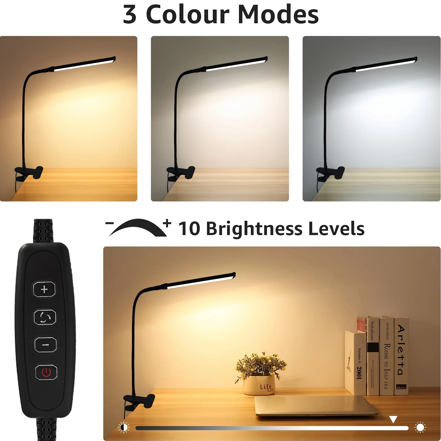 LED Clip Desk Lamp Read light, Flexible Gooseneck Eye-Caring Table Light, 10 Dimmable Brightness 3 Modes USB Reading Clamp Light