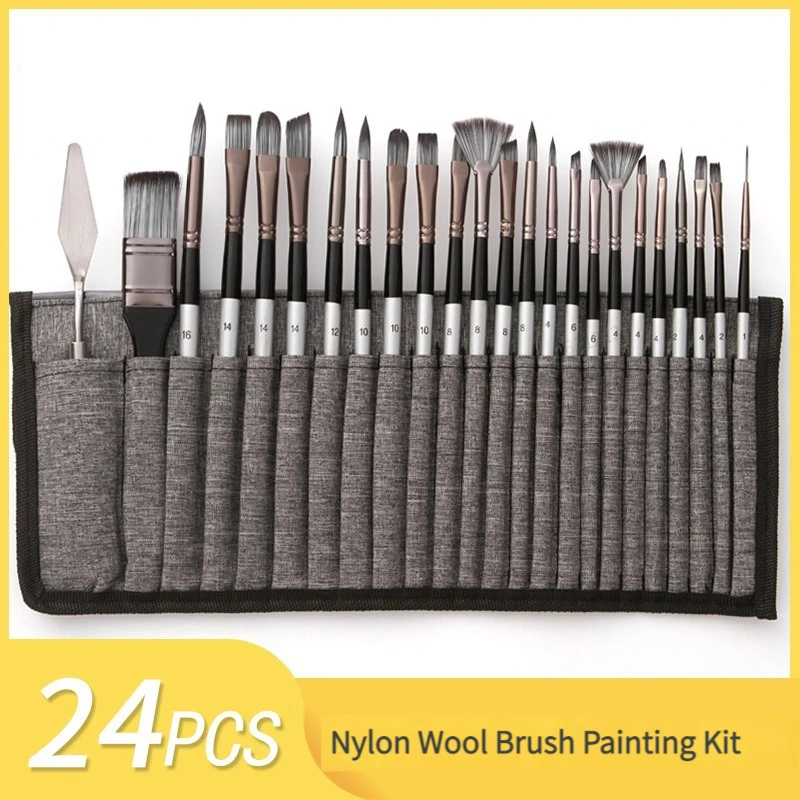 

24Pcs Artists Paint Brush Set With scraper Wooden Handle Nylon Pointed Hair DIY Oil Acrylic Painting Art Paint Brushes Supplies