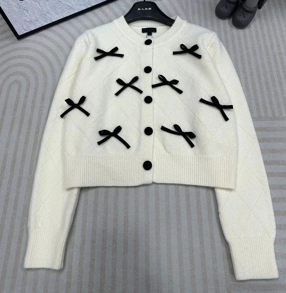 Spring Autumn women fashion bows knitted coats single breasted solid cardigan