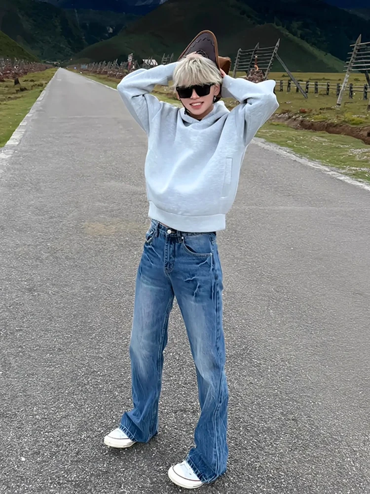 

Мужские джинсы American High Street Vibe с синей талией и молниями, прямые облегающие джинсы, повседневные молодежные джинсы