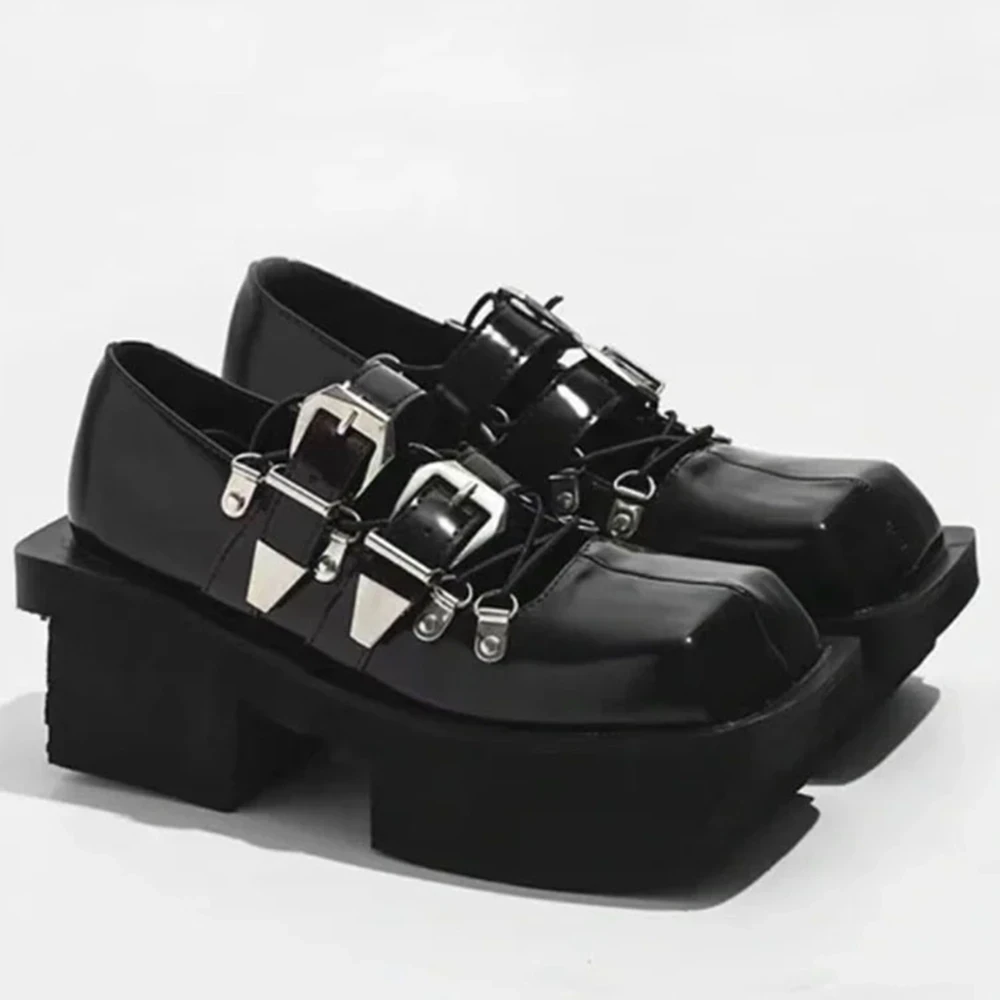 Platform Belt Buckle Mary Janes Shoes Women Square Toe Cross Tied Shallow Black Pumps Retro Punk Metal Decoration Lolita Boots