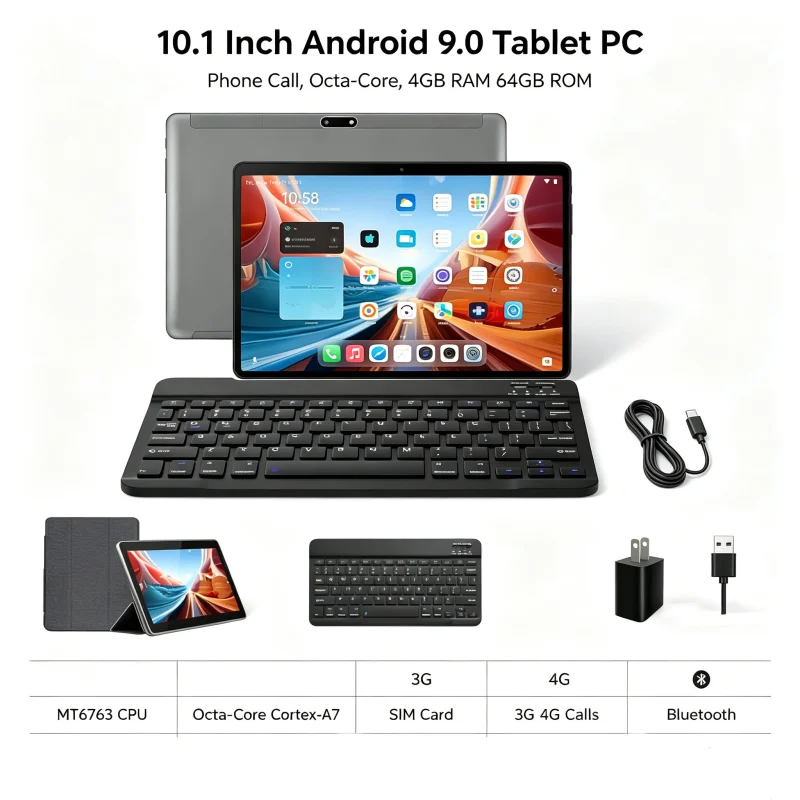 10.1 INCH T10 Android 9.0 Phone Call Tablet PC 4GB RAM 64GB ROM CPU G3 MT6763 Octa-Core Cortex-A7 Sim Card Supports 3G 4G Calls