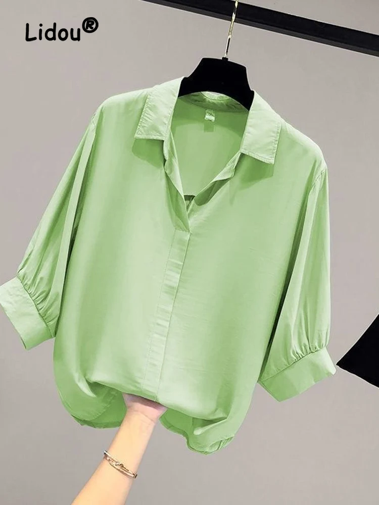 Office Fashion Solid Color All-match Green Lady Blouse New Classic Half Sleeve Turn-down Collar Loose Chiffon Pullover Shirt