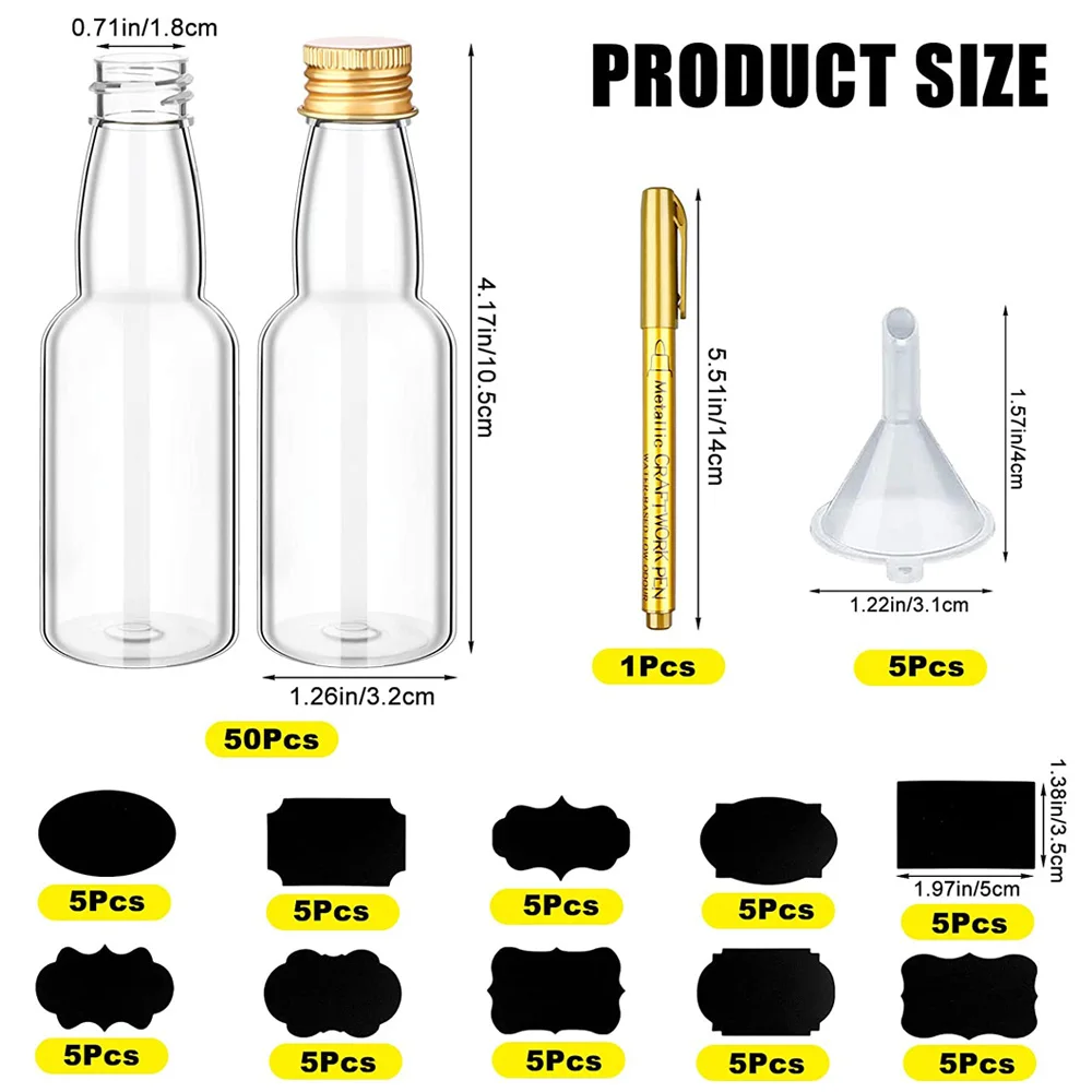 50pcs Mini Liquor Bottles Reusable Empty Spirit Bottle with Screw Caps 1.8oz Plastic Wine Bottles with Funnels Labels Marker Pen