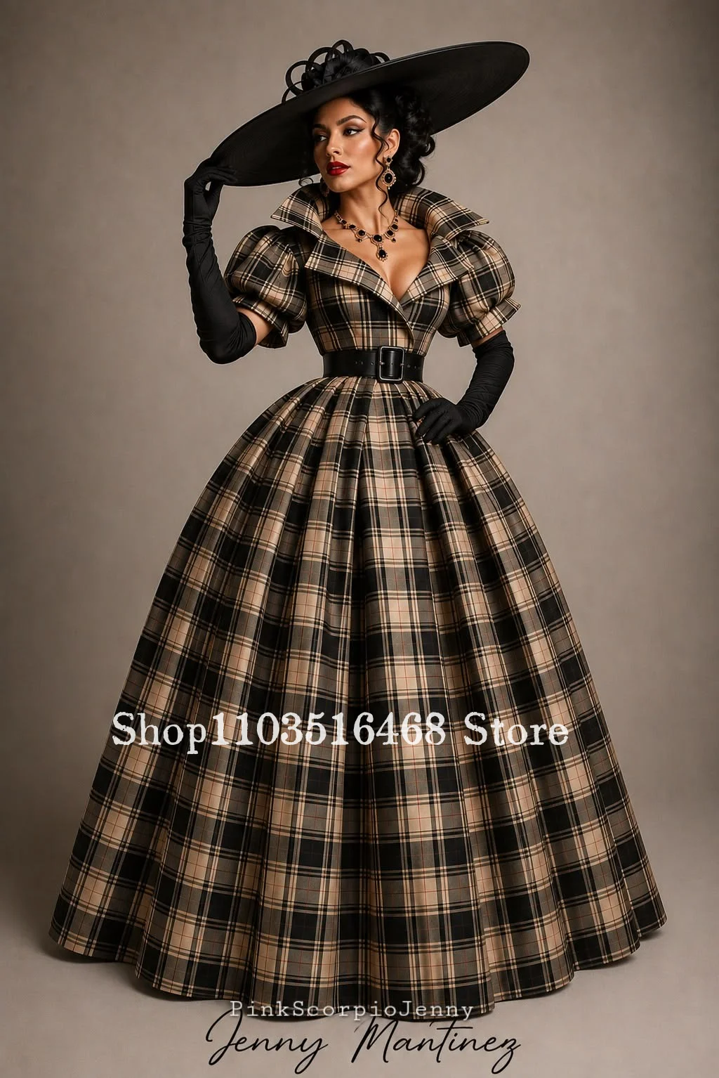 Customized Plaid Ball Gown Vintage Lapel Puff Sleeve Black Belt Floor‑Length Formal Dress For Women Retro Party Evening Gown
