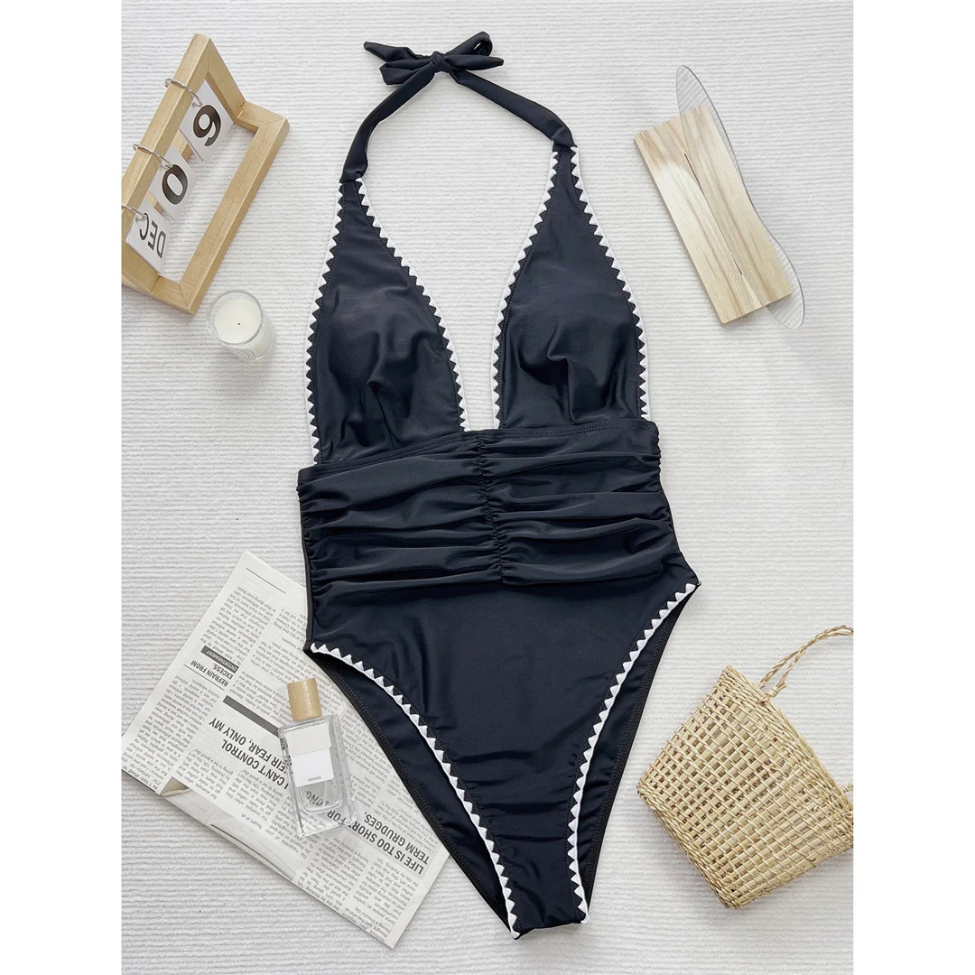 V-Ausschnitt, Neckholder, geraffter Damen-Badeanzug, einteiliger Badeanzug, Damen-Badeanzug mit hohem Beinausschnitt, rückenfreier Monokini-Badeanzug, Badeanzug, Badebekleidung, V5878 – Detail 8