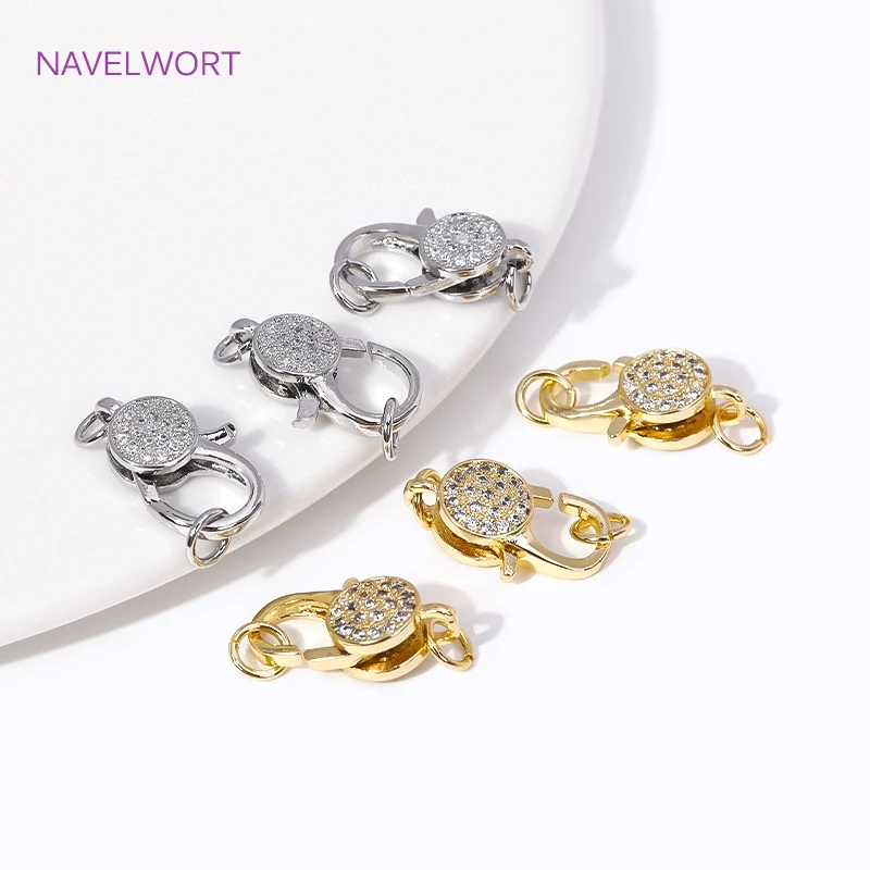 Fashion Inlaid Zircon Fasteners 18K Gold Plated Round/Heart Lobster Clasps with Open Ring For DIY Jewelry Making Accessories