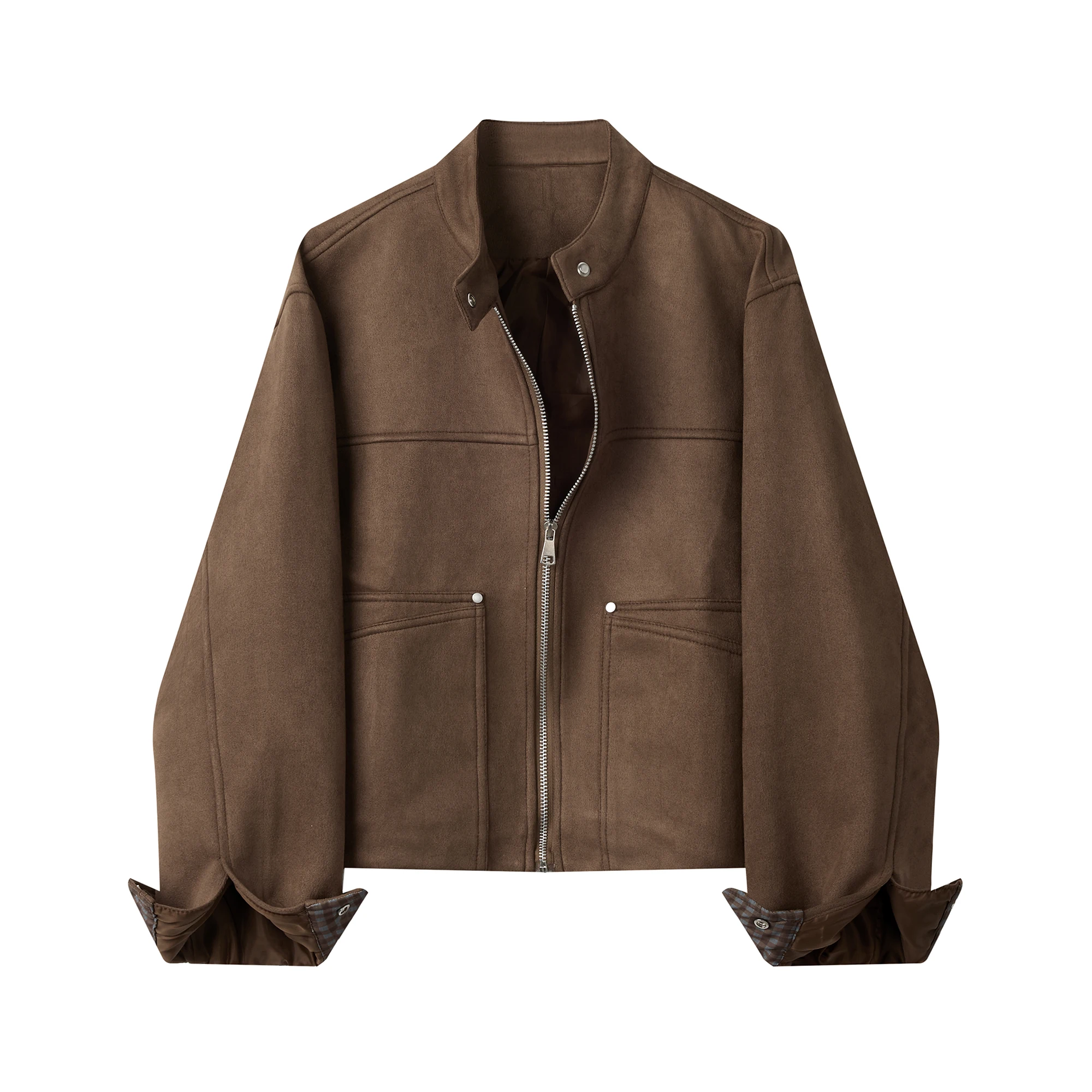 Wildlederjacke für Damen in Kaffeefarbe, Lässiger Schnitt für Frühling und Herbst, Vielseitige Motorradjacke mit Premium-Gefühl