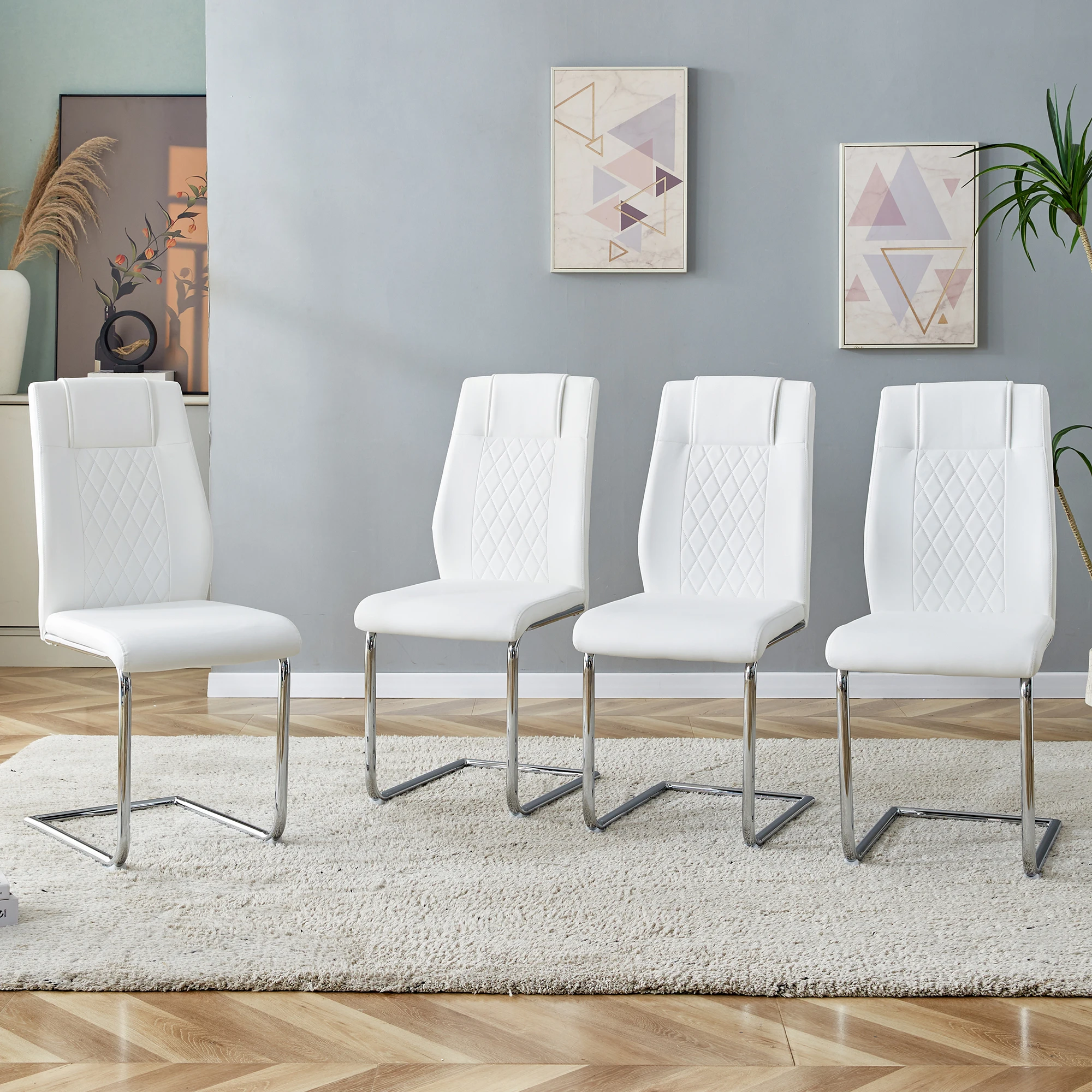 Sedie da pranzo in poliuretano bianco in stile scandinavo (4 pezzi per confezione) – con schienale in rete, gambe in metallo argentato lucido e piedini antiscivolo. Senza tempo e versatile.
