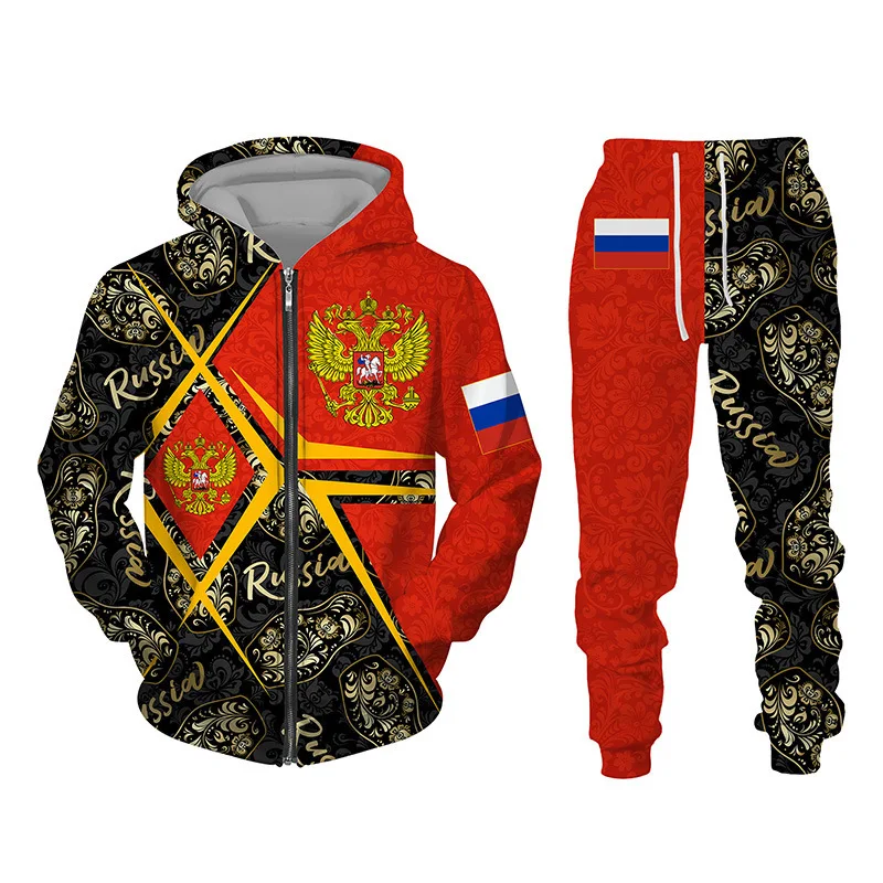 3d Flagge von Russland gedruckt Reiß verschluss Hoodie Hosen Anzug coole Männer/Frauen 2 Stück Sport bekleidung Trainings anzug Set Herbst und Winter Herren bekleidung