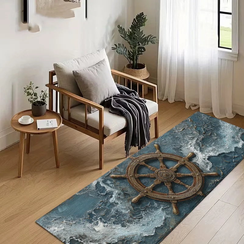 3D Texture Ocean Wave Ship Wheel Long Runner Mat Anti Slip Absorbent Floor Rug Nautical Carpet Kitchen Hallway Bathroom Entryway